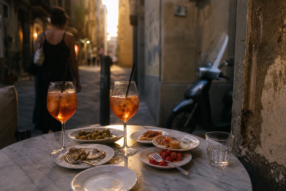 Small table with Neapolitan tastings and two glasses of spritz in a quiet evening alley
