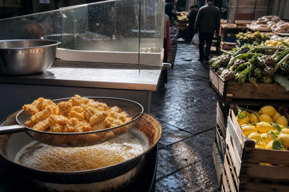 Fry stall in a covered market lane with an oil basket lifting fritters, crates of lemons and artichokes stacked alongside on wet stone