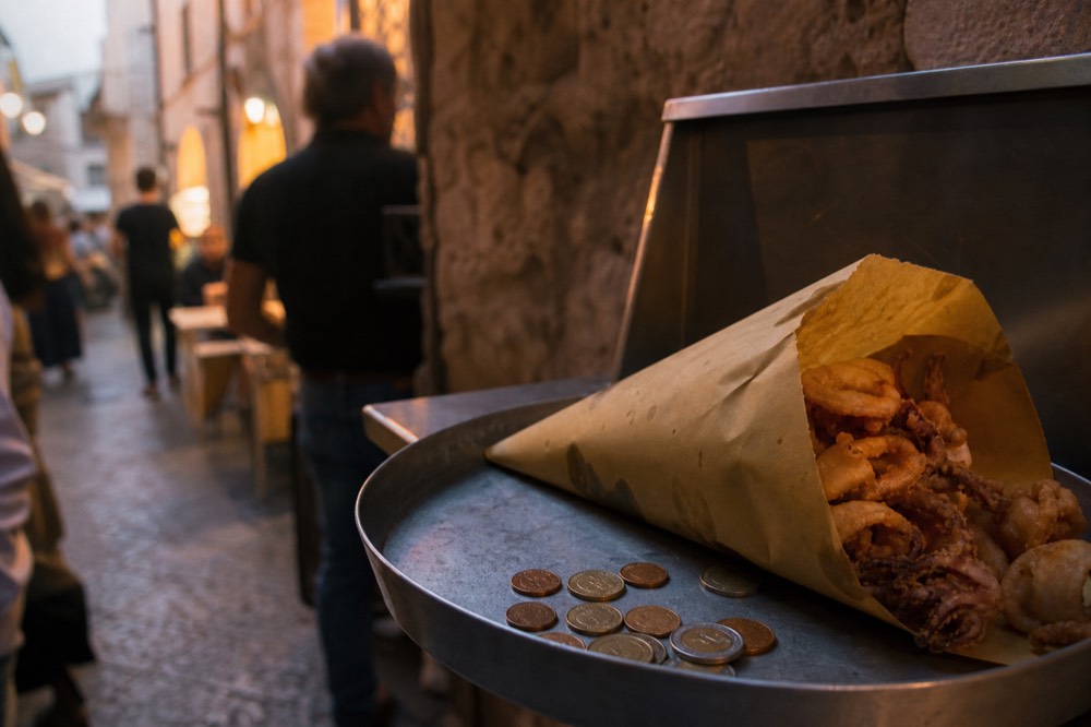 Small change and euro coins on a metal tray beside a paper cone of fried snacks at a market counter