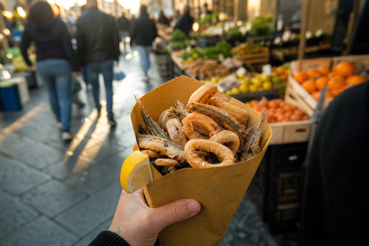 Paper cone of fried anchovies and calamari held at chest height on a crowded market street lined with produce crates
