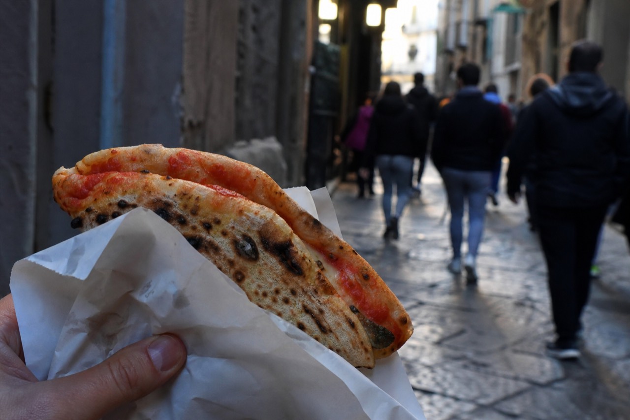 Folded pizza a portafoglio wrapped in paper and held over a narrow stone alley busy with evening walkers in central Naples