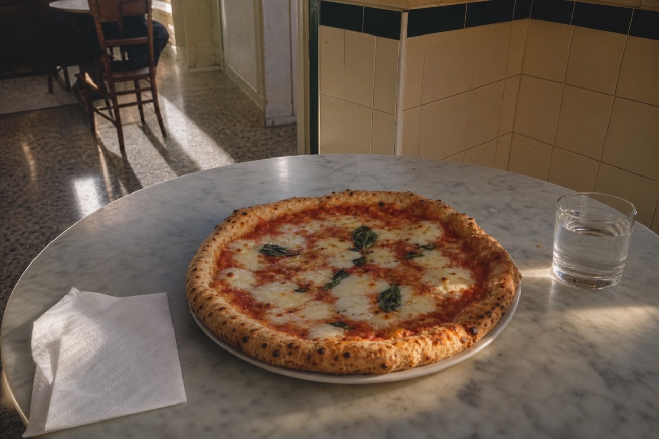 Plain marble table with a single margherita pizza, a paper napkin and a small glass of water in a bright tiled dining room