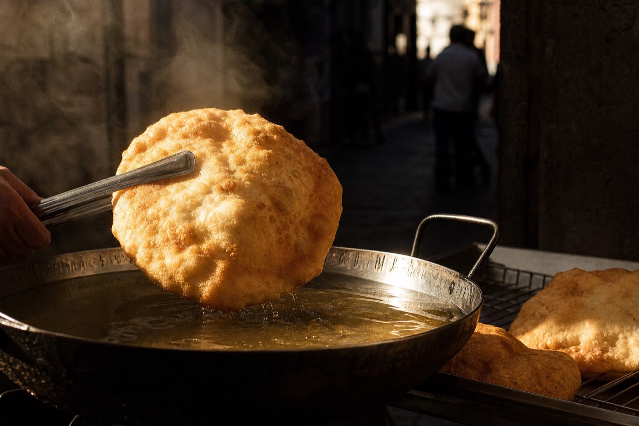 Golden fried pizza lifted from bubbling oil with tongs at a small street counter, steam rising against a dark alley background