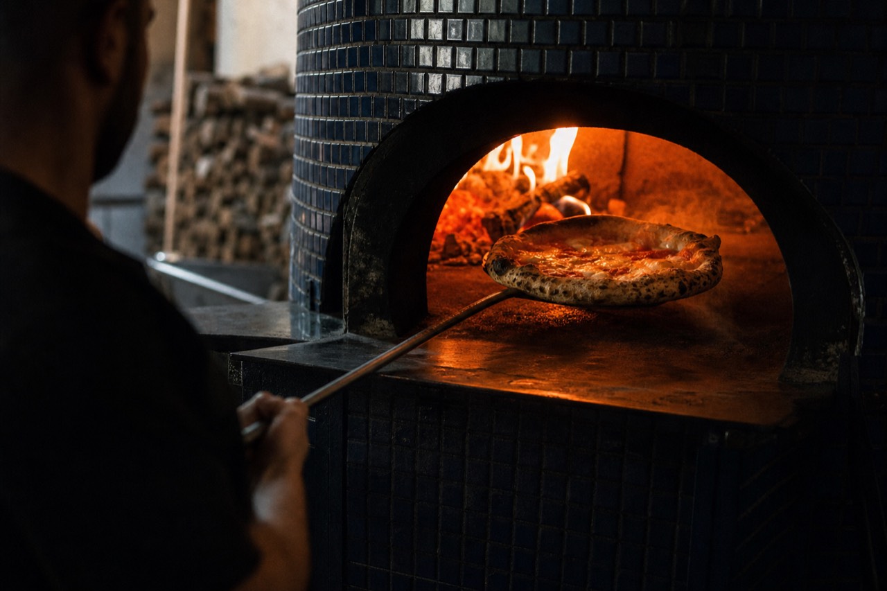 A blistered margherita pizza sliding out of a glowing wood-fired oven on a long peel, charred rim puffed and steaming.