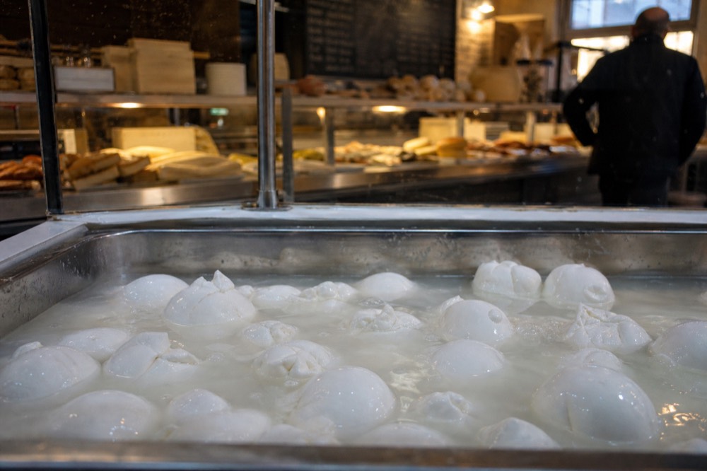 Deli counter with balls of fresh white cheese floating in a shallow tray of whey, hand-lettered chalk board blurred out of focus behind