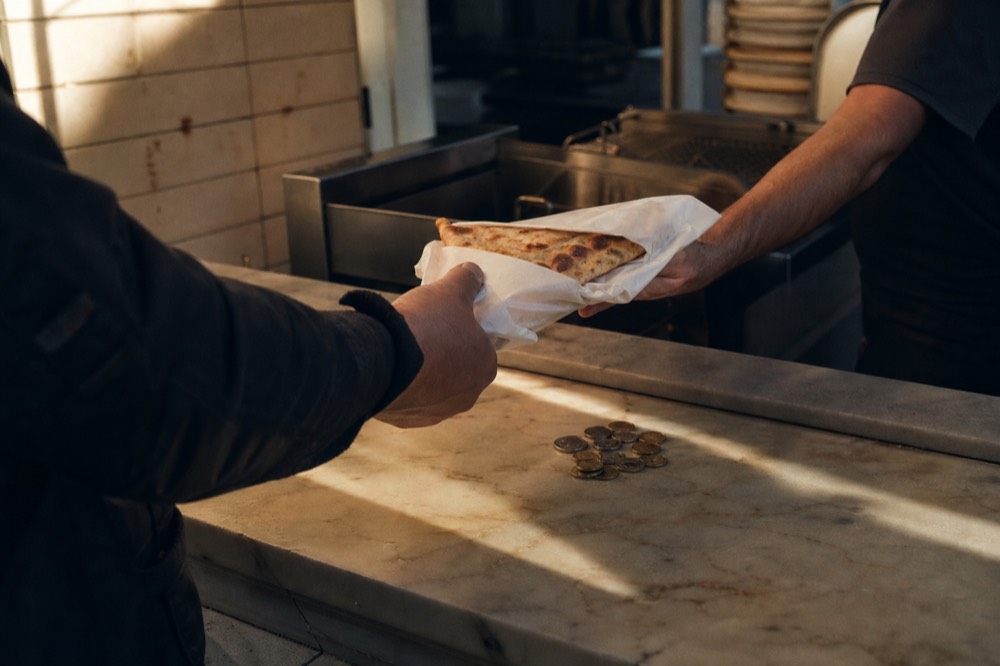 Hands passing a paper-wrapped folded pizza across a marble counter, coins on the surface, blurred fryer and stacked trays behind