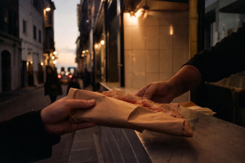 Paper-wrapped folded pizza passed across a narrow street counter at dusk, warm bulb light on tiles, hands only, no signage visible